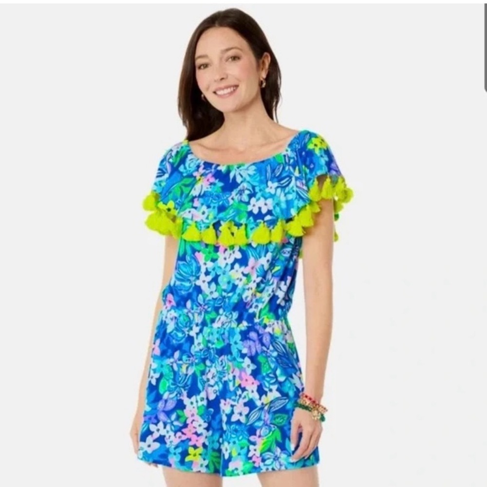 Lilly Pulitzer Blue Floral Romper with Yellow Trim